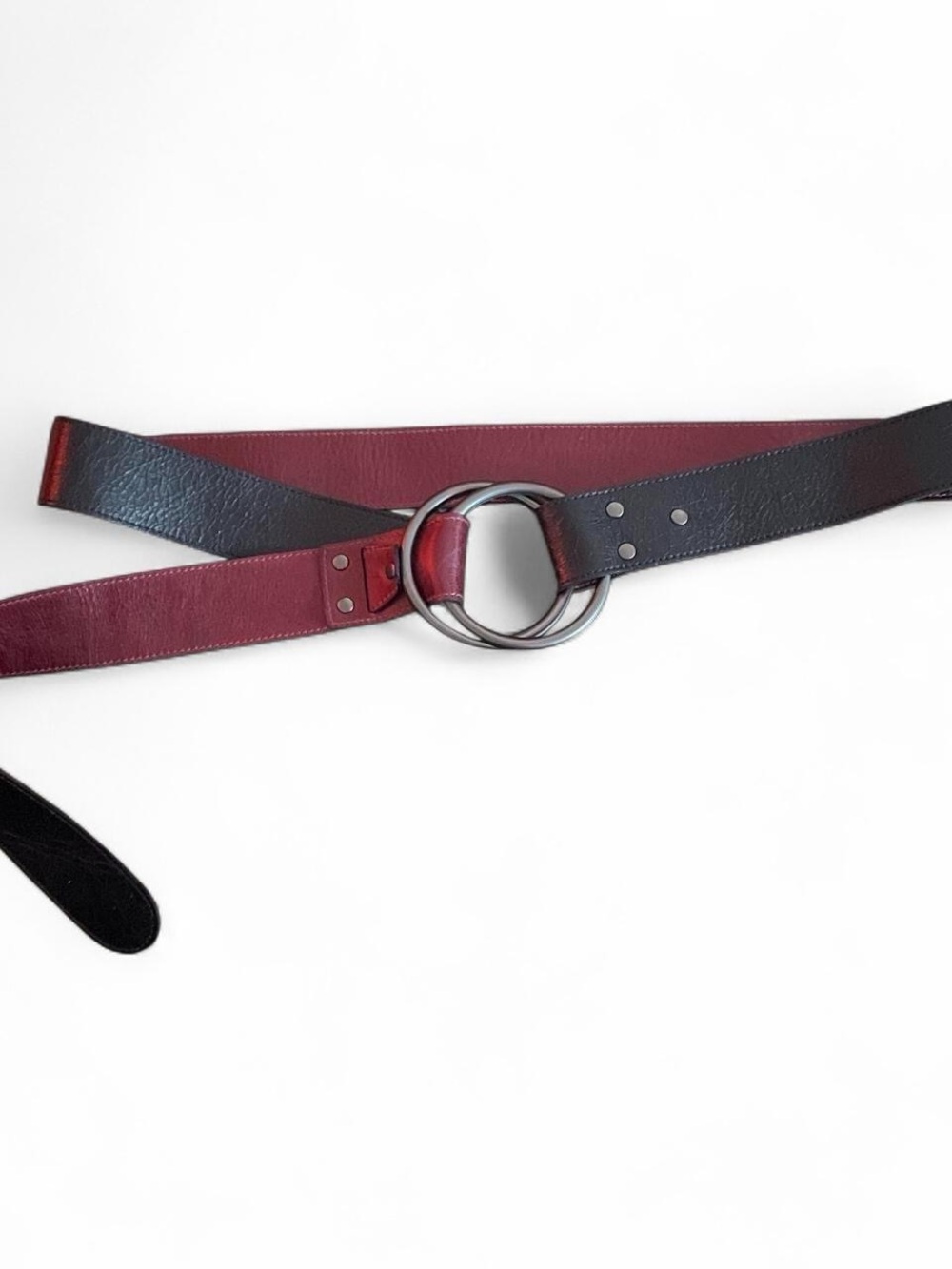 Eileen Fisher Two-Tone Burgundy and Black Leather Belt with Double-Ring Buckle